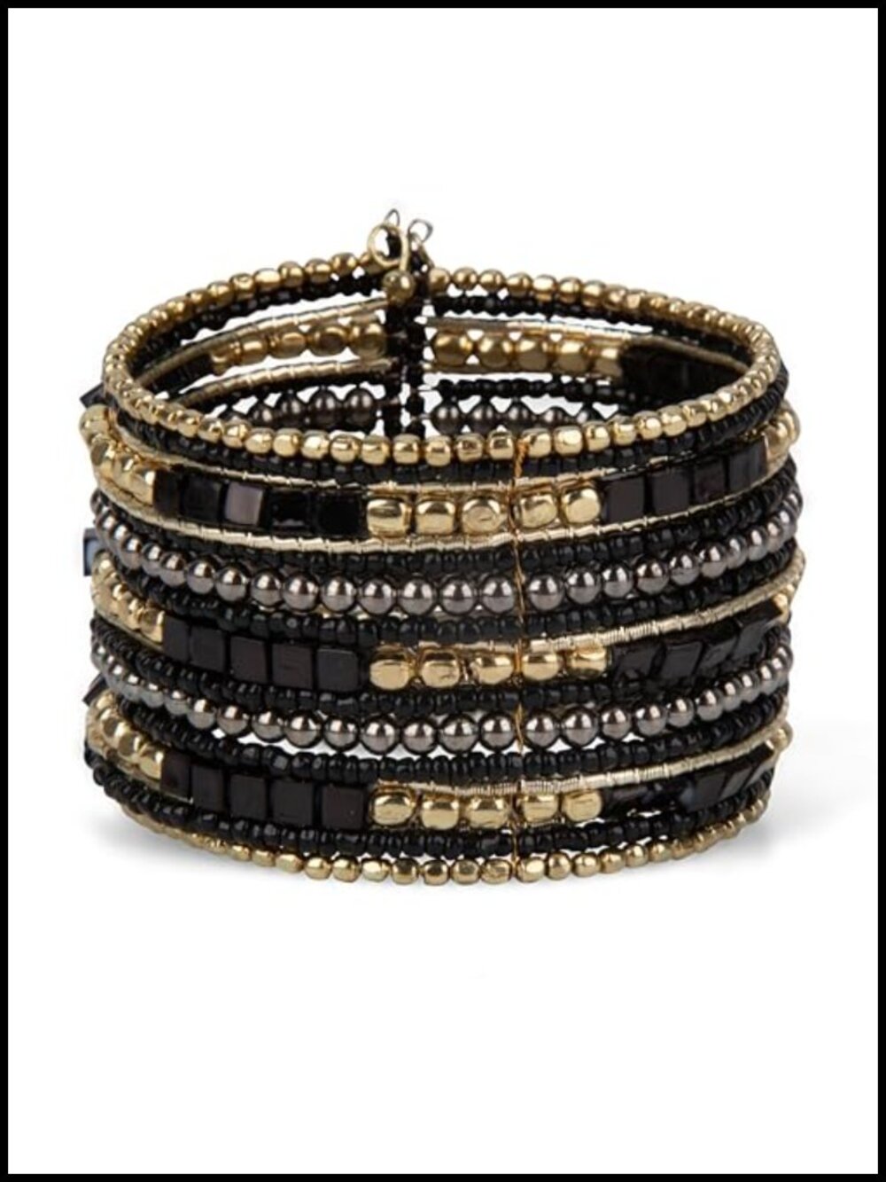Women's Boho Cuff Bracelet, Adjustable Stackable Beaded Accessory, Gold & Black